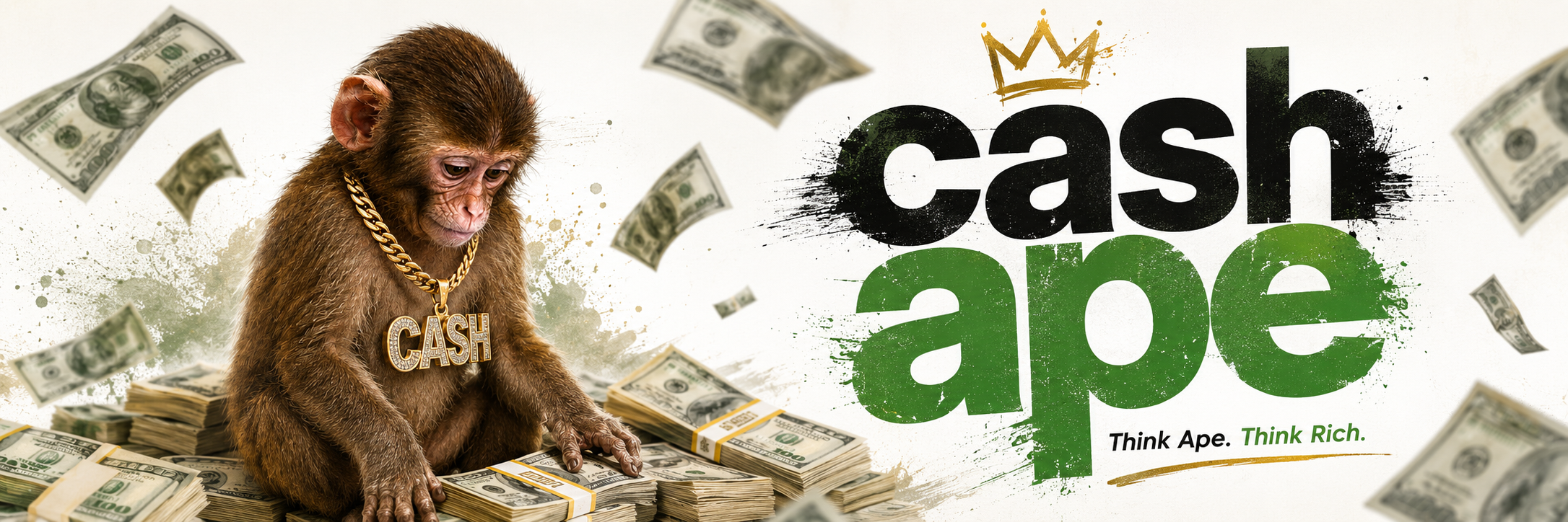 Cash Ape banner. An ape in a gold CASH chain sits on stacks of hundreds beside the cash ape wordmark.